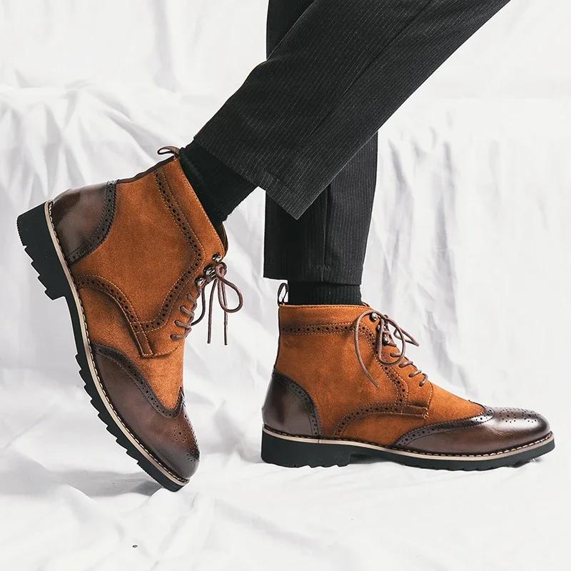 Fashion New High Top Men Shoes Luxury Business Dress Ankle Boots For Male Comfortable Men's Fashion Brogue Leather Motorcycle Boots Man