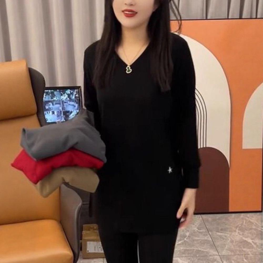 Plus Size Women's Double-Sided Velvet & Fleece Split Sleeve Autumn Winter Slimming Base Layer Top