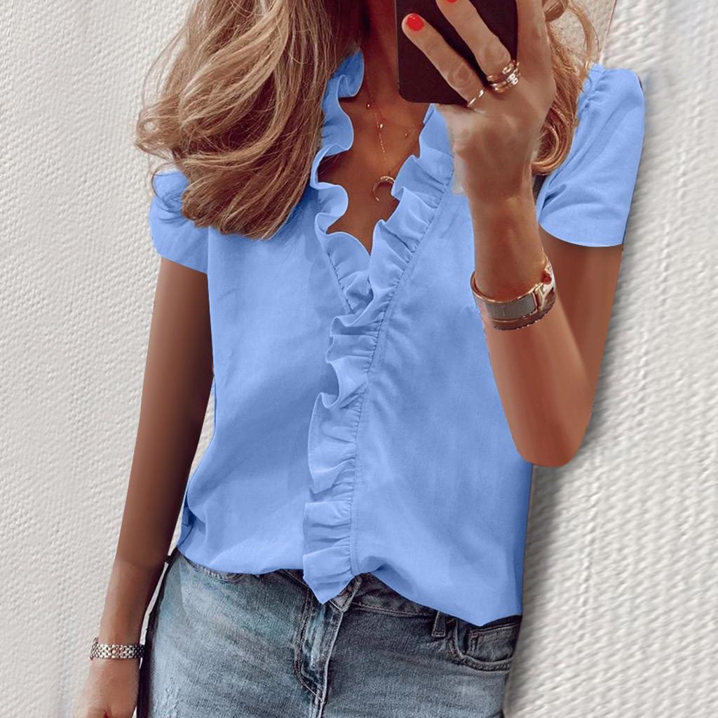 Women's Summer Ruffle V-Neck Short Sleeve Solid Print Casual Dressy T-Shirt Top