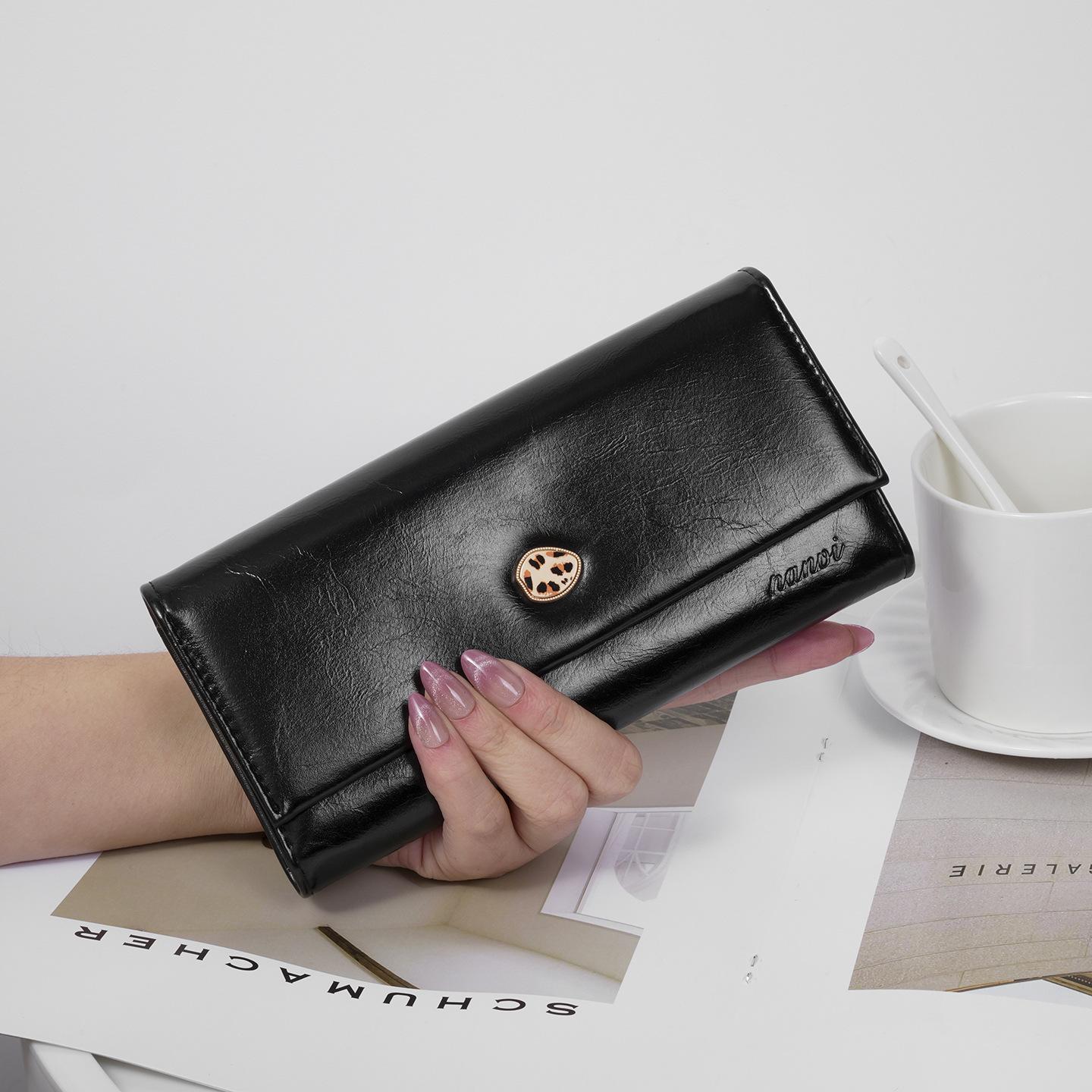 Women s wallet long, wax leather wallet, large capacity multi slot coin purse, high-end handbag чёрный