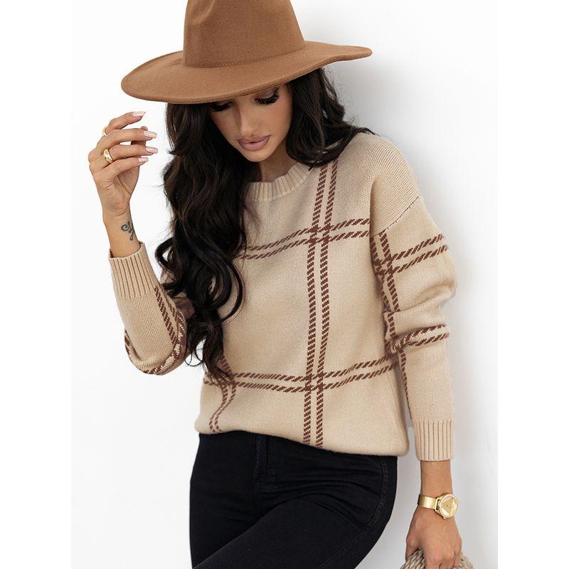 European and American Leisure All-Match O-neck pullover Top Women 2025 Winter New Plaid Patchwork Drop Shoulder Sweater Women