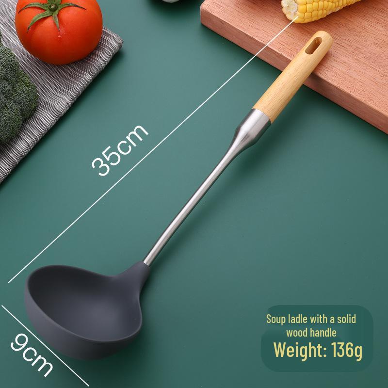 Non-Stick Silicone Spatula & Stainless Steel Soup Ladle Set with Anti-Scald Wooden Handle for Home Kitchen.