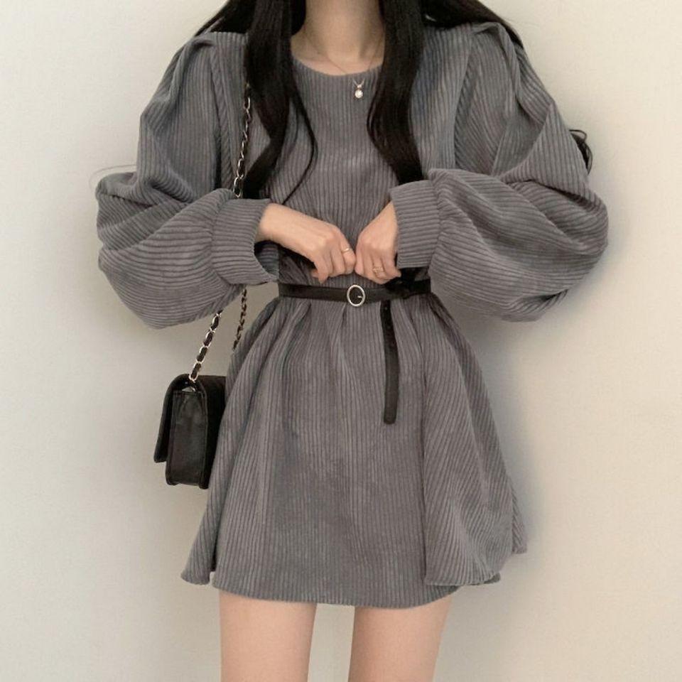 Vestidos de pana con fajas de otoño para mujer, estilo coreano, estilo preppy, con mangas abullonadas, estilo informal, estilo Harajuku, elegante, combina con todo, color liso