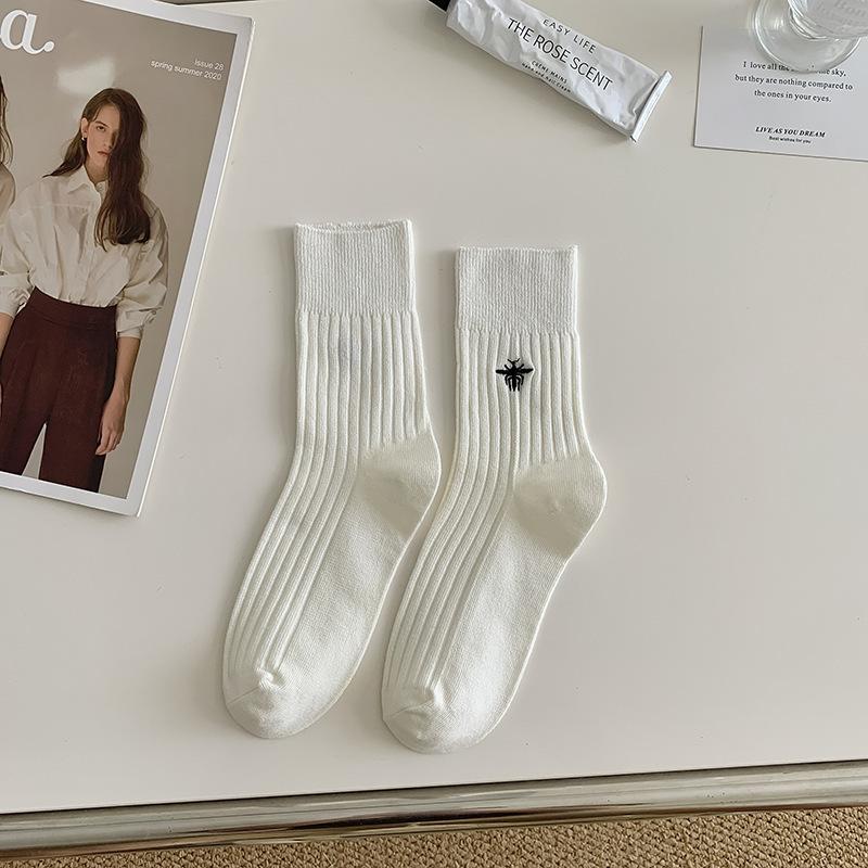 Embroidered Bee Socks Mid-Tube Socks Catwalk The Same Trendy Solid Color Cotton Socks Vertical Striped Double Needle Socks