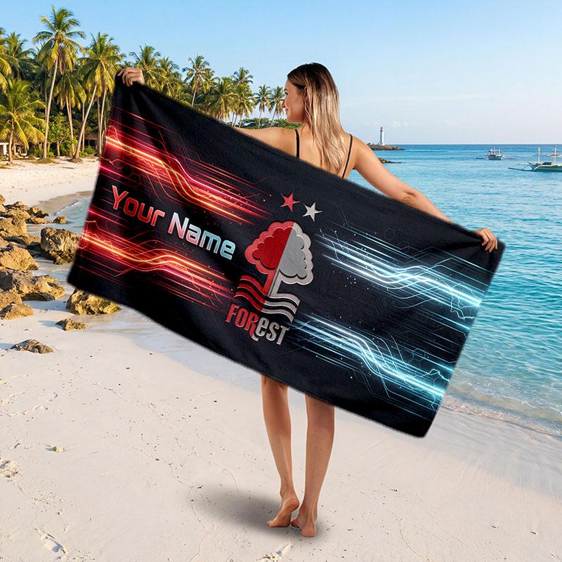 Nottingham Forest Custom Beach Towel, Personalized Name Text Print, Football Logo Soft Quick‑Dry Towel Holiday Gift