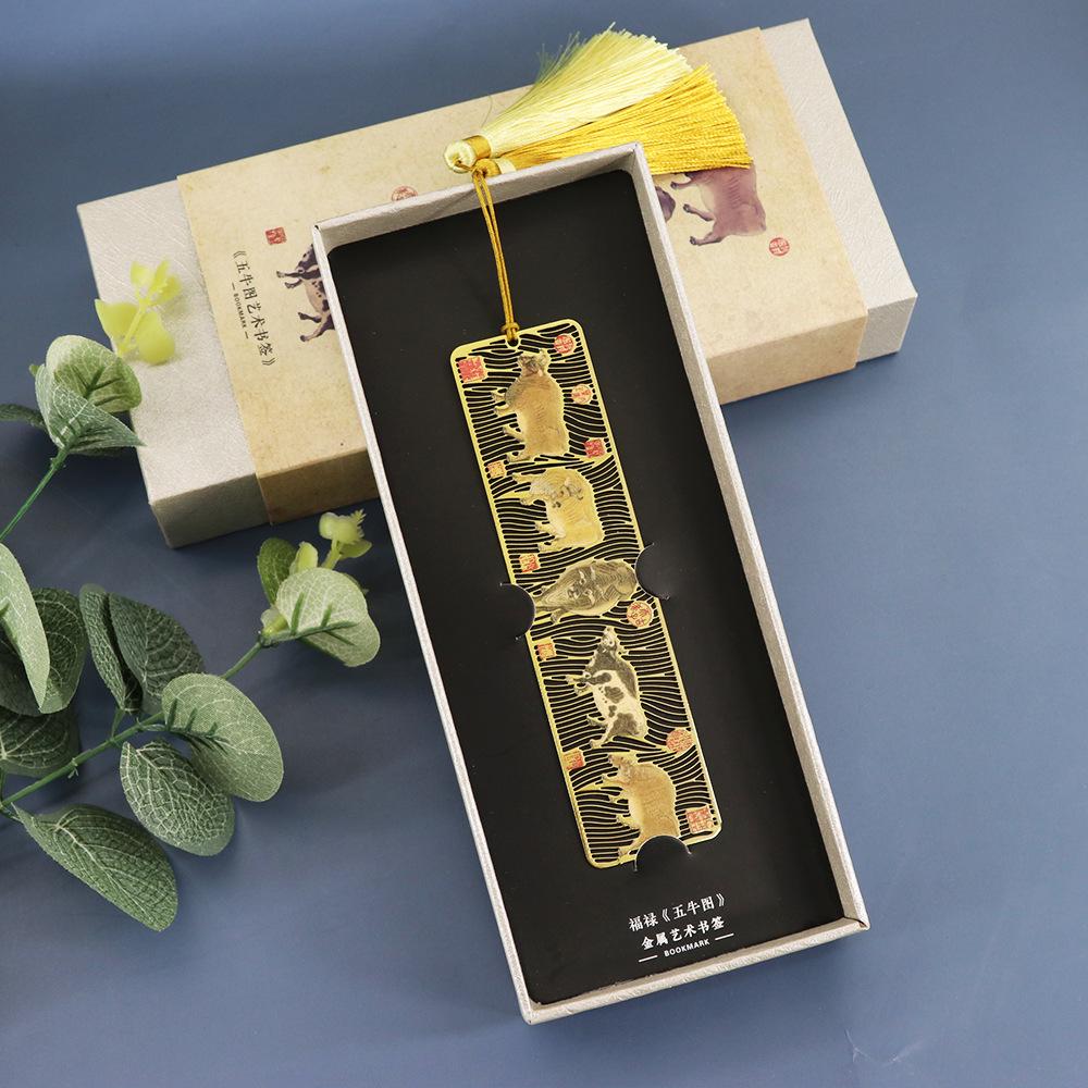 Five Oxen Metal Bookmark with Mandarin Duck Tassel – Chinese Cultural Gift for Teacher s Day in Exquisite Box