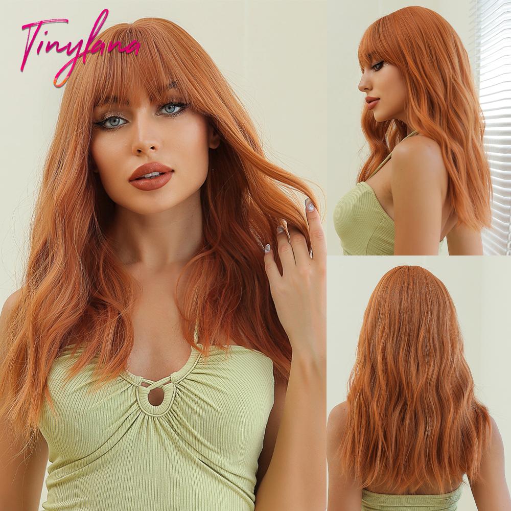 Orange Ginger Synthetic Wig Long Water Wavy Wigs For Women With Bangs Halloween Cosplay Party Daily Natural Heat Resistant Wig