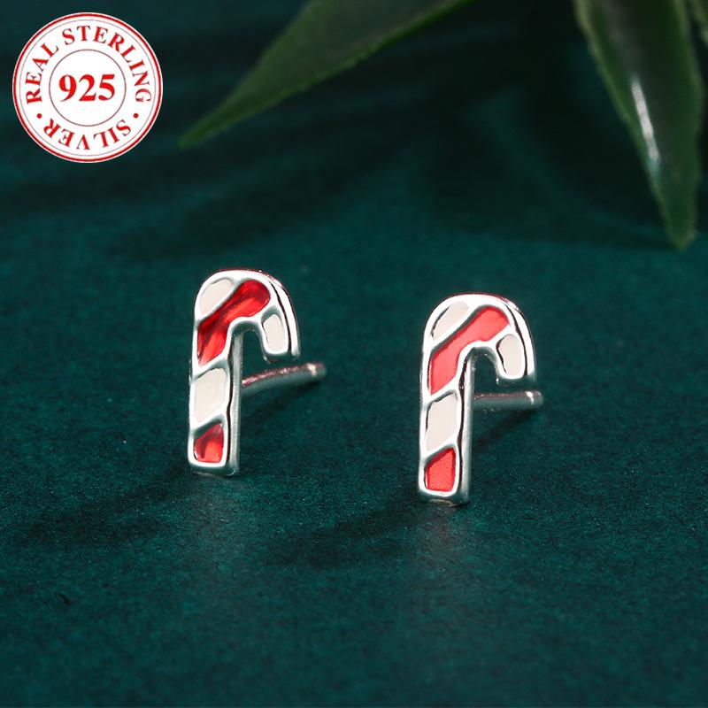 S925 Sterling Silver Christmas Candy Cane Stud Earrings for Women - Fashionable and Simple Holiday Accessory