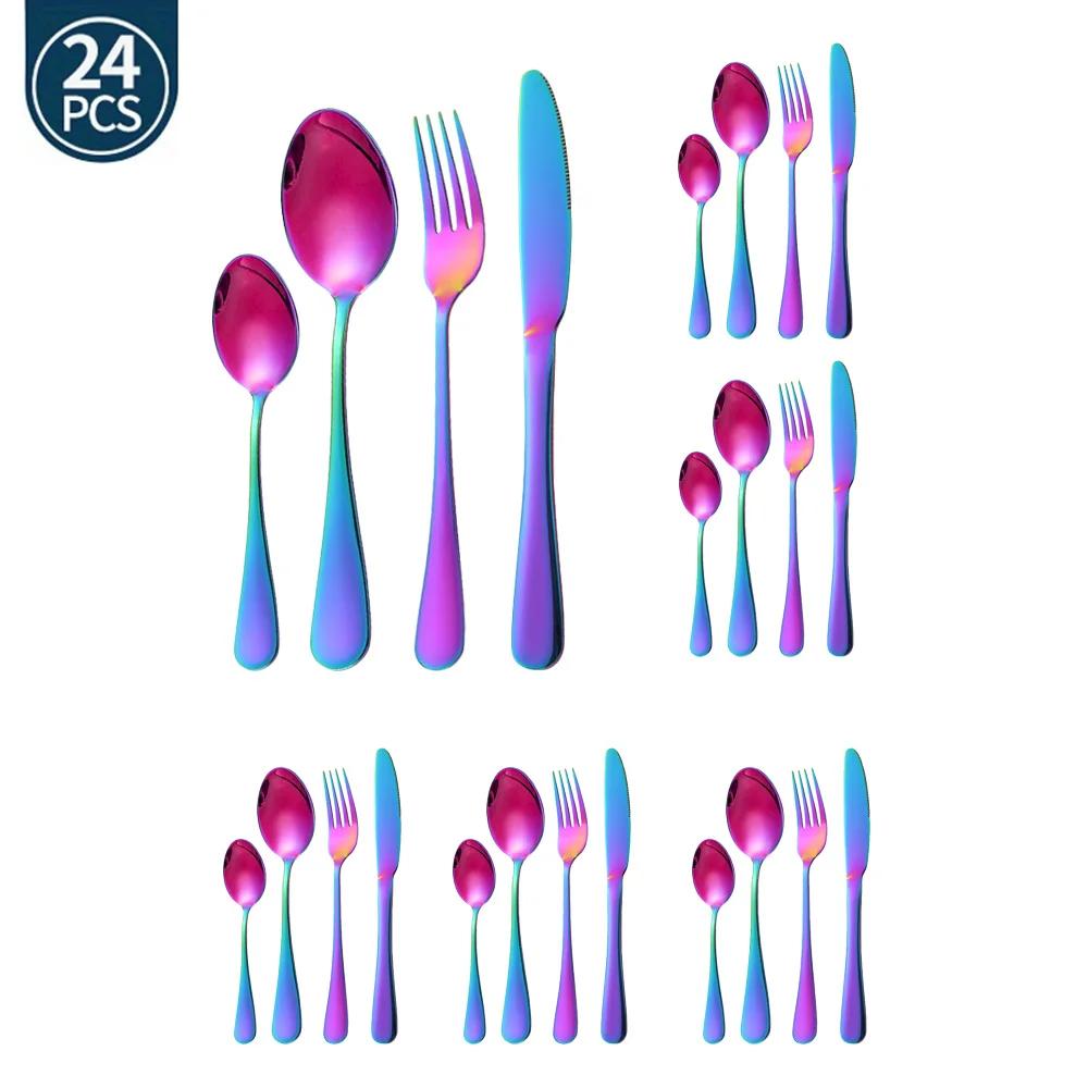 24Pcs Black Gold Western Dinnerware Set Stainless Steel Cutlery Set Fork Knife Spoon Tableware Set Flatware Set Silverware Set