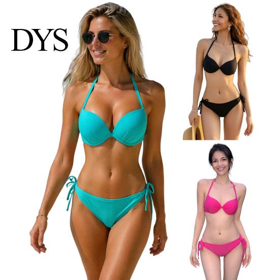 Summer Swimwear Women Solid Color Bikini Set, Two Piece Swimsuit, Halter Tie Underwire Top Strappy Bottom & High Cut Bottom, Sexy Bathing Suit