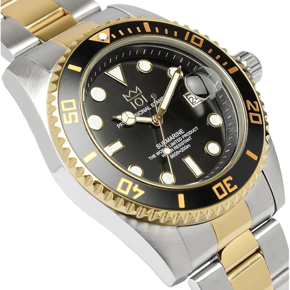 Hyakuichi 101 Quartz Diver's Watch Date Display 20 ATM Water Resistant Black Gold Wristwatch