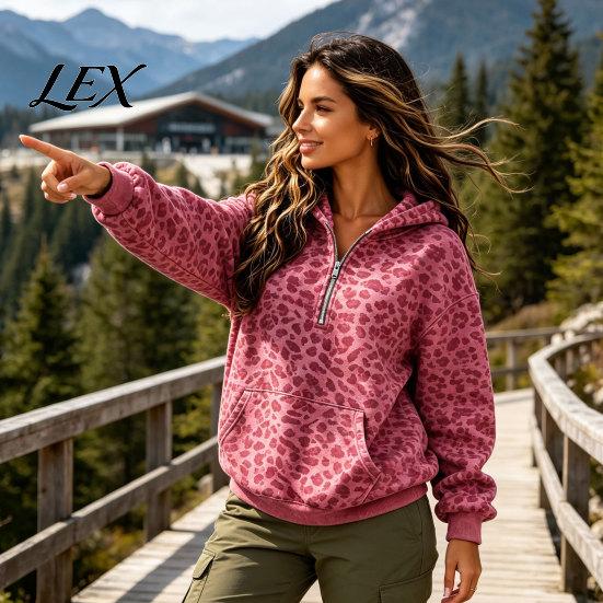 Kadın Oversize Sweatshirt Leopar Desenli Kapüşonlu, Yarım Fermuarlı Kapüşonlu Kanguru Cep Cepli, Sonbahar Uzun Kollu Günlük Kazak Üst İlkbahar Sonbahar