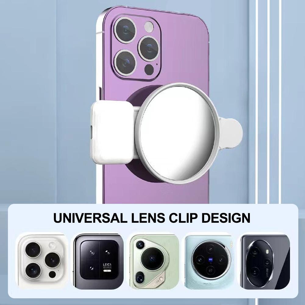 Universal Phone Camera Ring Mirror with Light Rear Camera Selfie Reflector Clip-on Makeup Light with Storage Pouch HD Reflection