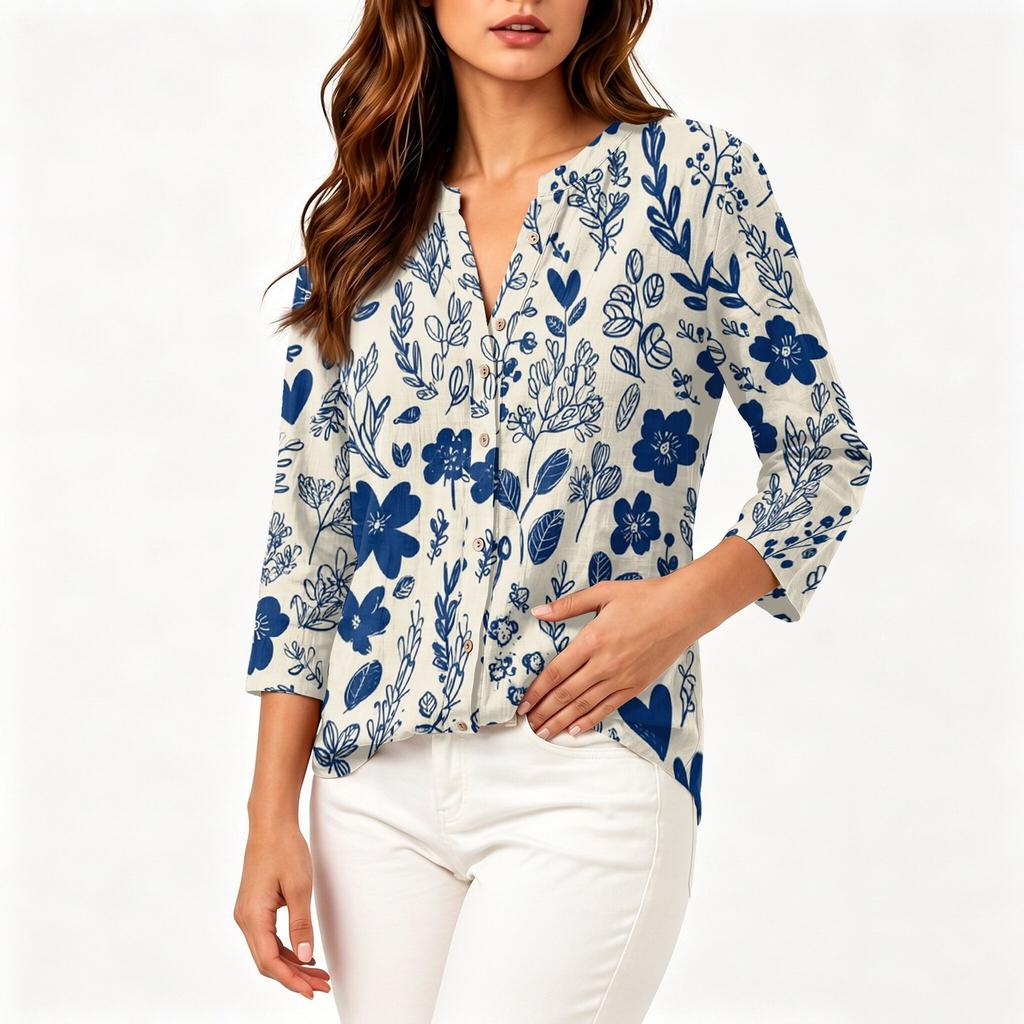 Blouse Vintage pour Femme à Imprimé Floral, Col Rond, Manches Trois-Quarts, Haut Décontracté en Coton et Lin