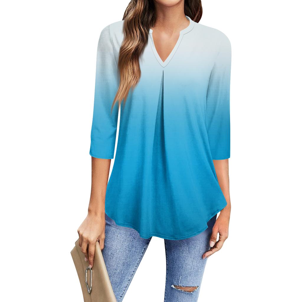 Women's Fashion Casual Three-Quarter Sleeve T-Shirt Printed V-Neck Top