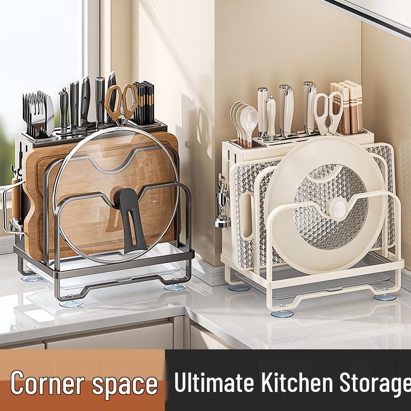 Multi-functional Kitchen Storage Rack for Knives, Pot Lids, Cutting Boards, Chopsticks, and Cutlery