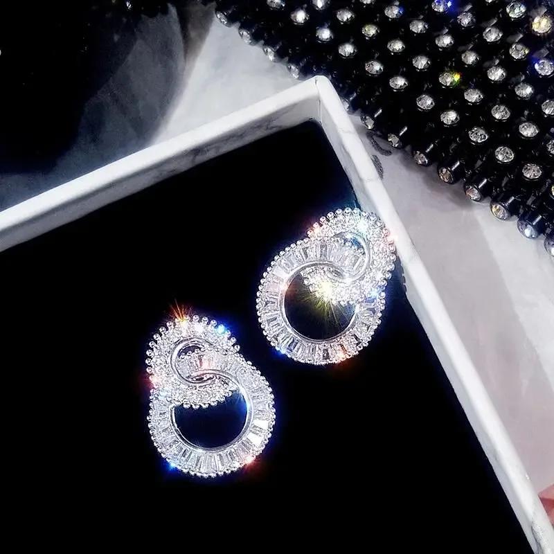 Female 5A Zircon Stud Earrings Fashion Circle Connection Stud Earrings  Sterling Silver Earrings for Women Wedding