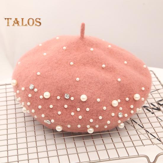 Women Beret Faux Pearl Rhinestone Decor Vintage English Style Woolen Hat No Brim Solid Color Adjustable Straps Pumpkin Cap