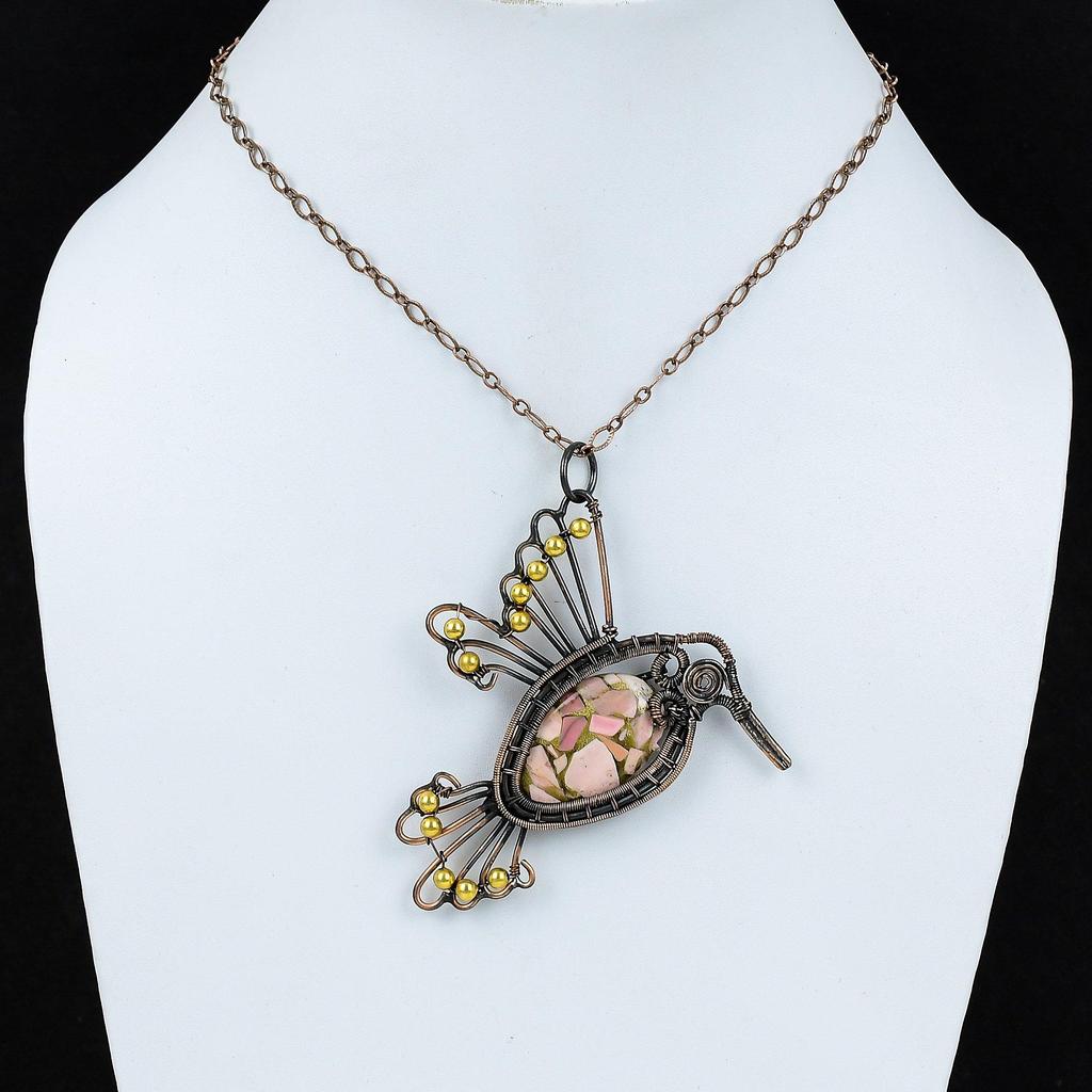 Copper Pink Opal Pendant Copper Wire Wrapped Pendant Gemstone Jewelry Handmade Dainty Pendant Bird Pendants Copper Wire Jewelry Gift For Her
