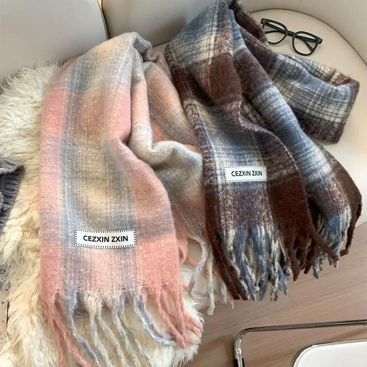 Autumn Winter Atmosphere Plaid Scarf Women Men Couple Thickened Mohair-Like Cashmere Student Warm Neck Wrap