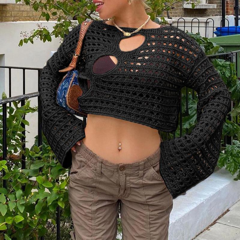 Sexy, Perspectivă Ruptă Buric Fierbinte Top Fată Purtând Rochie Tricotată Largă Golă pentru Femei