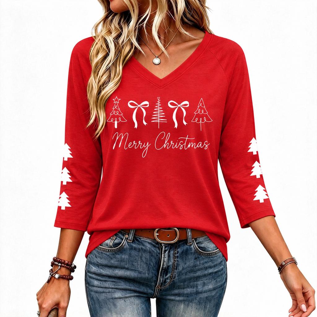 Women's V Neck 3/4 Sleeve Christmas Print Pullover Top Casual Holiday Shirt