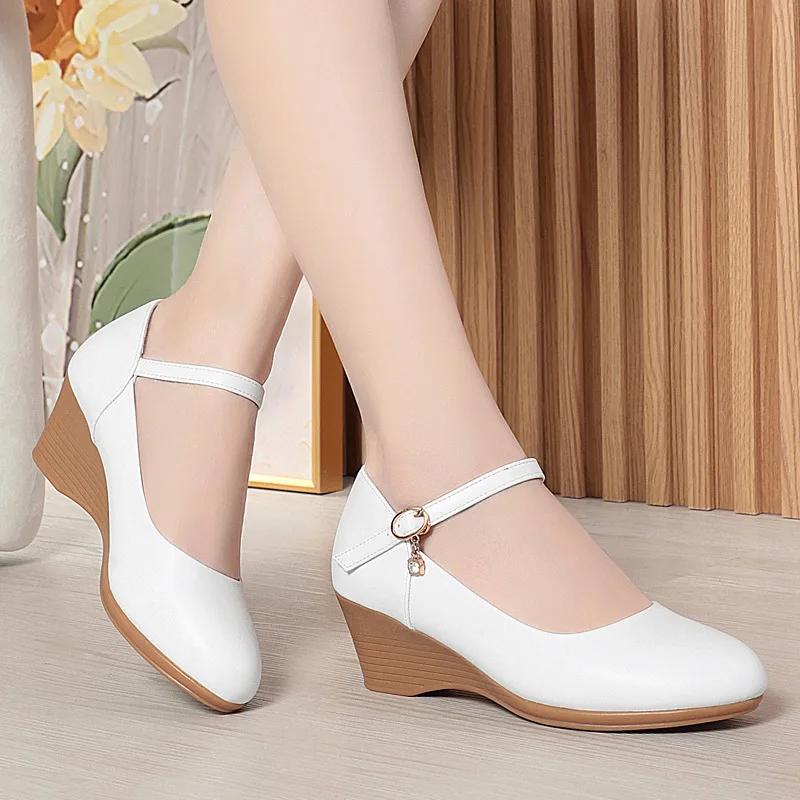 3cm 5cm Comfortable Breathable Ankle Buckle Wedges Shoes Women Pumps 2025 Fall Soft Leather Med Heels White Shoes Office Mom