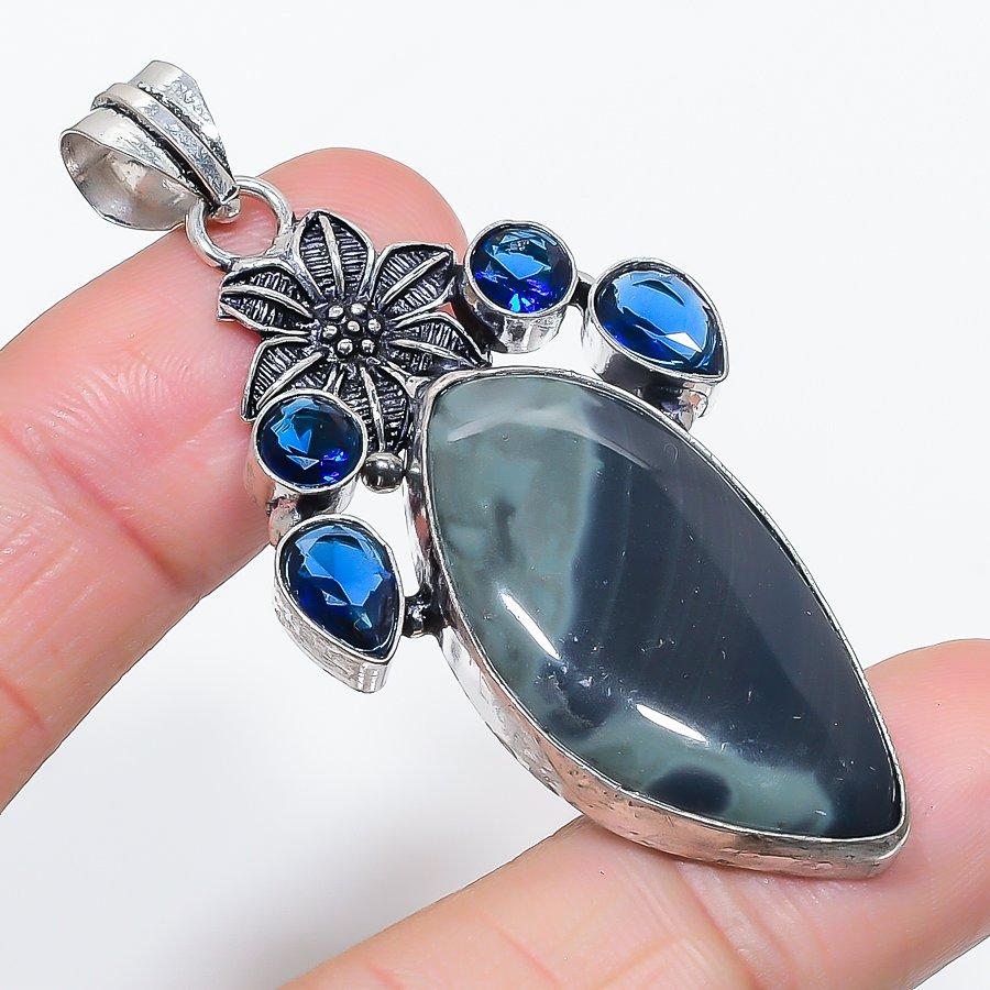 Natural Kambaba Jasper, Topaz 925 Sterling Silver Jewelry Pendant 2.52" N3O28