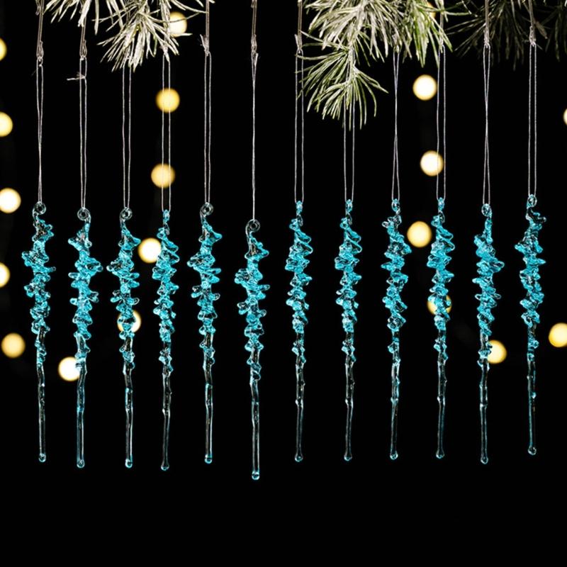12Pcs Clear Acrylic Icicle Shape Pendant Christmas Tree Hanging Decorations For Holiday Tree and Store Window Display