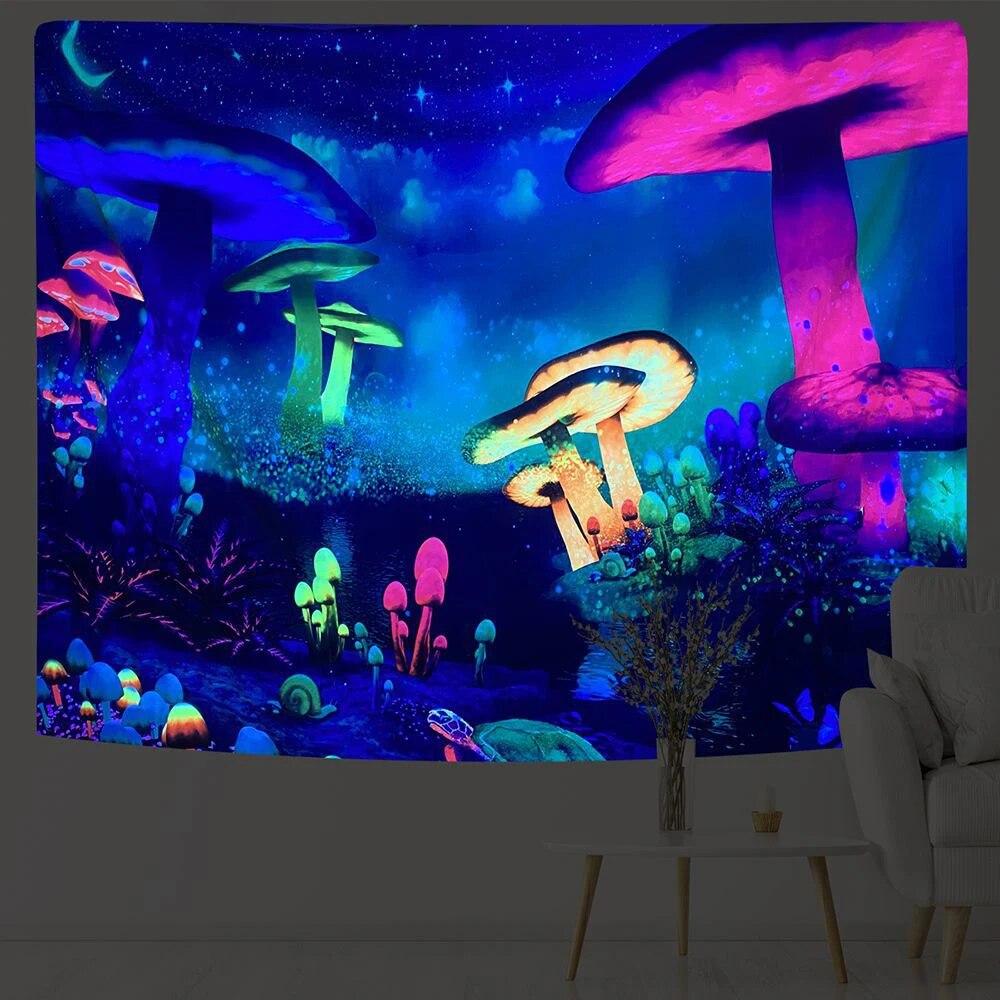 Fluorescent Tapestry Psychedelic Mushroom Room Decor Glow In the Dark Valance Aesthetic Backdrop Glows Under Ultraviolet Light