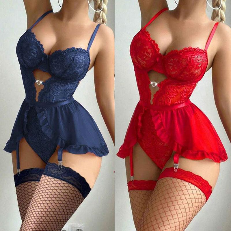 Women Push Up Underwire Bra Lingerie Set Sheer Lace Bodysuits Nightgown Fancy Outfit Ultra Sexy Sleepwear Chemise Nightdress