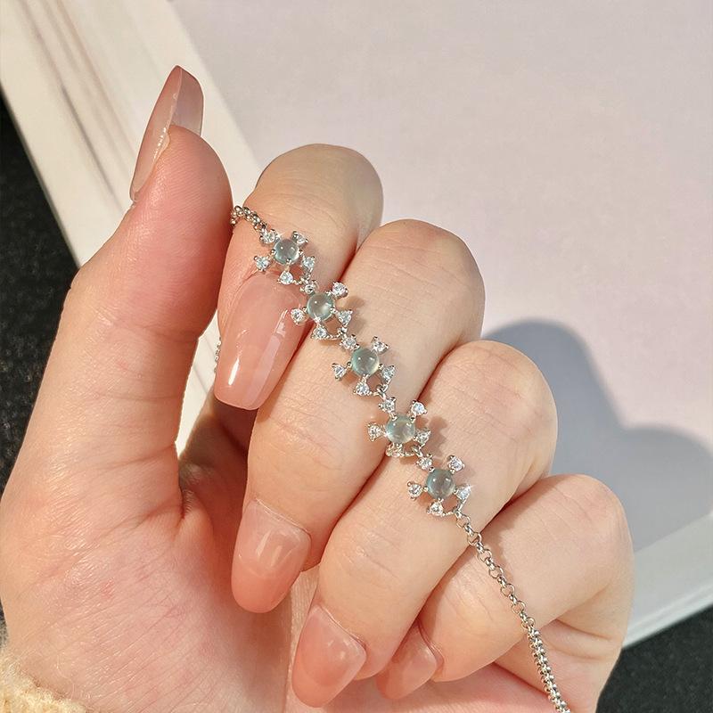 Natural blue water jadeite jewelry s925 sterling silver non-fading bracelet women's rough stone high-end design fashion retro jewelry gifts