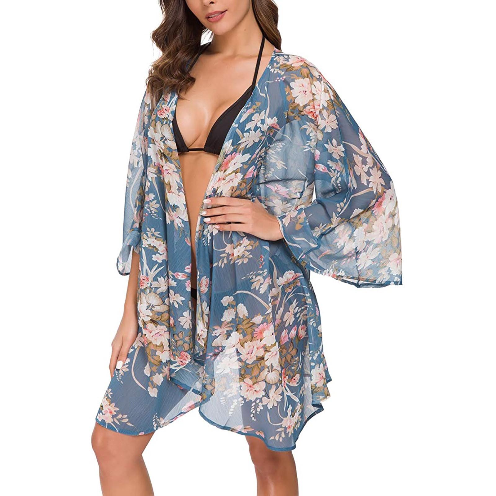 

Women s Floral Print Sheer Chiffon Loose Kimono Cardigan Capes Sun Protection