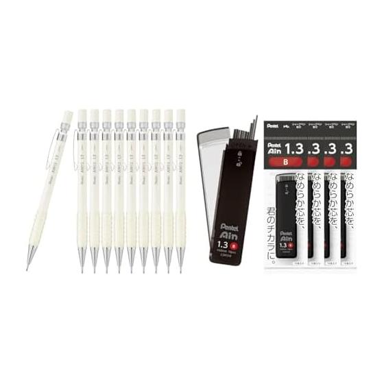 Pentel AMAIN Sharp Mechanical Pencil, 1.3mm, Off-White, 10 Pencils; Pentel Ain 1.3mm B Lead Refills, 5 Packs