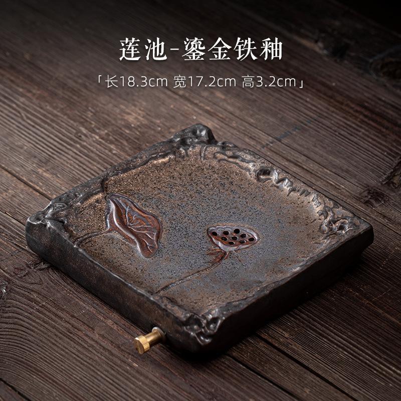 Teeablage Keramik Tee Serviertablett mit Abtropffläche Retro Lotusmuster Untersetzer Teetisch Box mit Wasserspeicher für Kungfu Set