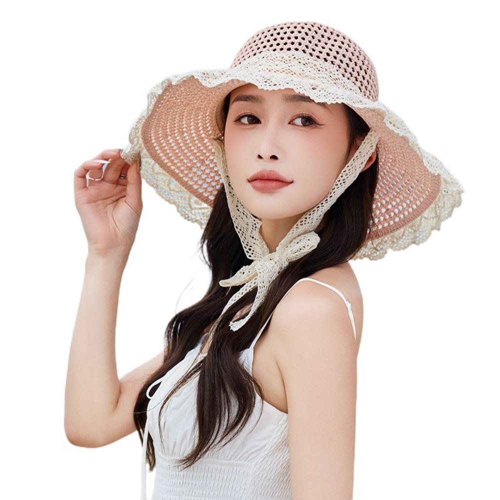 Breathable Lace Tied Sun Hat Large Brim UV Protection Cap Sweet Women Straw Hat  Travel