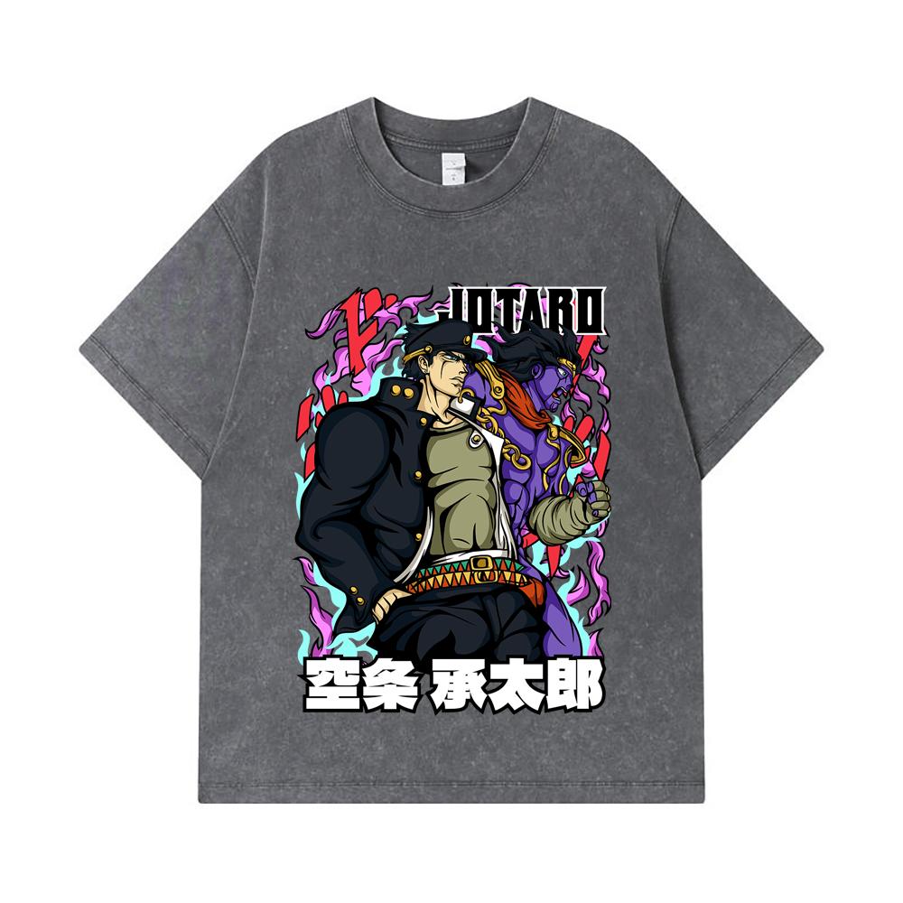 275 GSM Washed T-shirts 100% Cotton Jojo_s Bizzare V2 Jotaro Print Unisex Heavy Cotton T Shirt