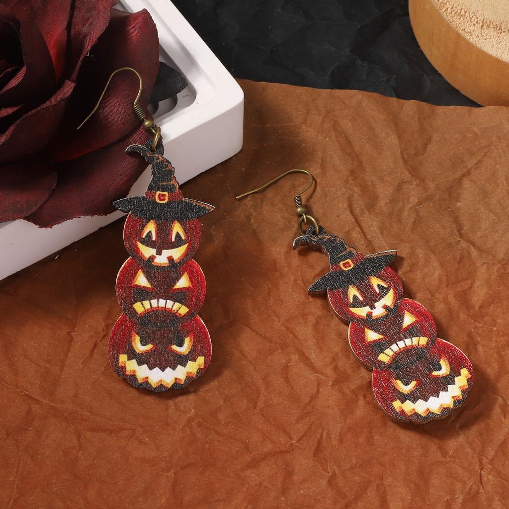 Personalized and Retro Halloween Wooden Printed Skull Earrings, Fashionable Pumpkin Ear Hooks for Festival Parties
