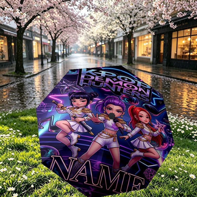 Custom Name Personalized Kpop Demon Hunter Print Umbrella, Auto Open Close, 8‑Rib Sturdy Frame, Commute Camping Hiking Use, Birthday Gift
