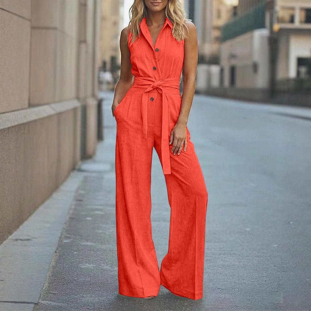Sleeveless Jumpsuit with Button Front and Waist Tie Wide Leg Pants Casual One Piece Romper for Women