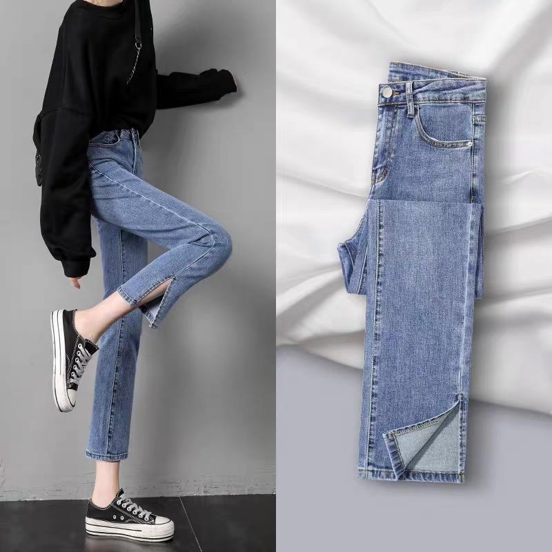 Split Straight Leg Autumn Jeans for Women Loose High Waisted Cropped Pants