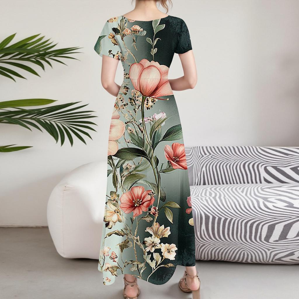 Women's Casual Fashion Print Long Dresses V-Neck Short Sleeve Dresses