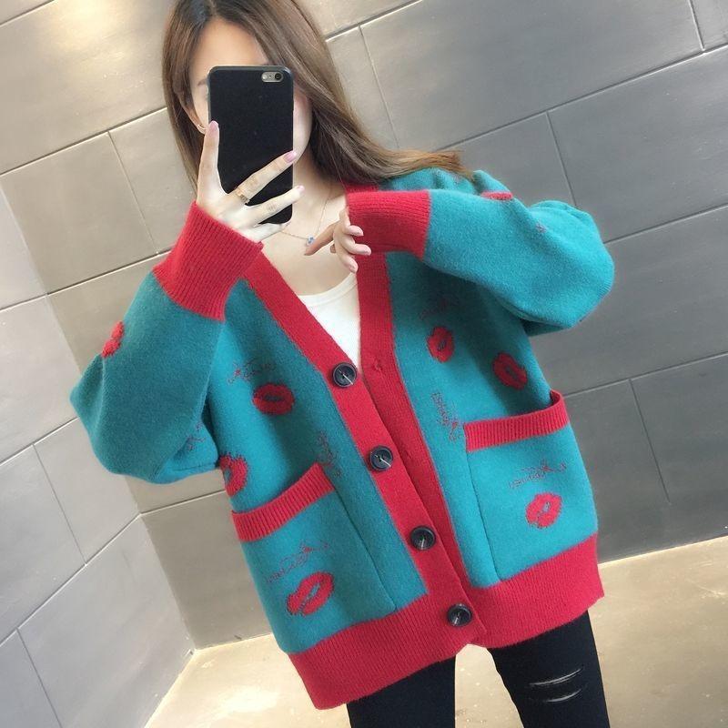 

Sweater jacket women s cardigan new embroidered lip print knitted sweater autumn and winter versatile very hot top One size