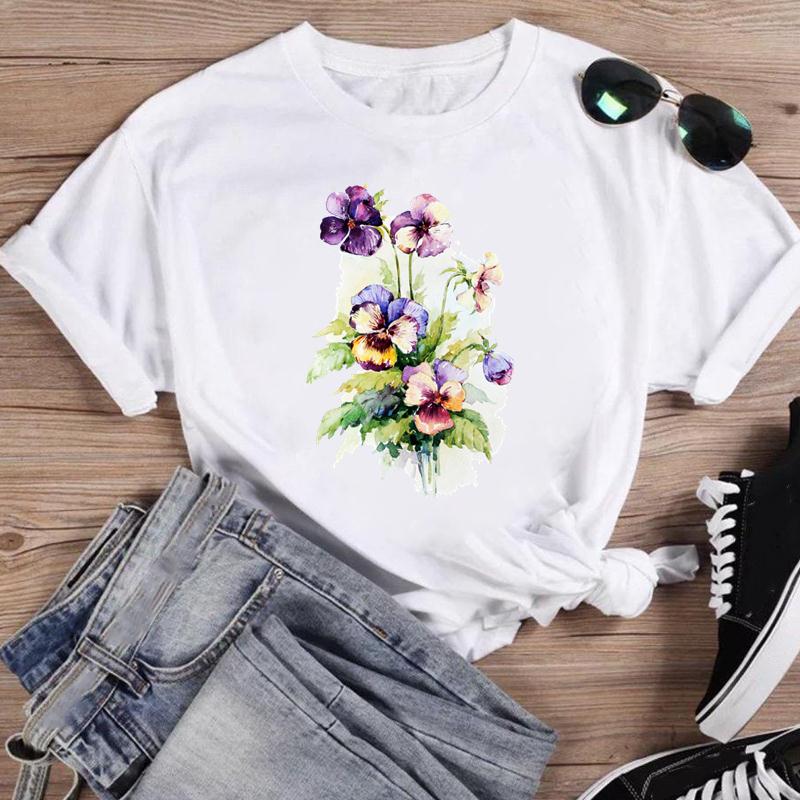 Tisk Camper Flower Vintage Móda Ženy Kreslený Krátký rukáv Grafika T Top Letní košile Trička Běžné Dámské Tričko