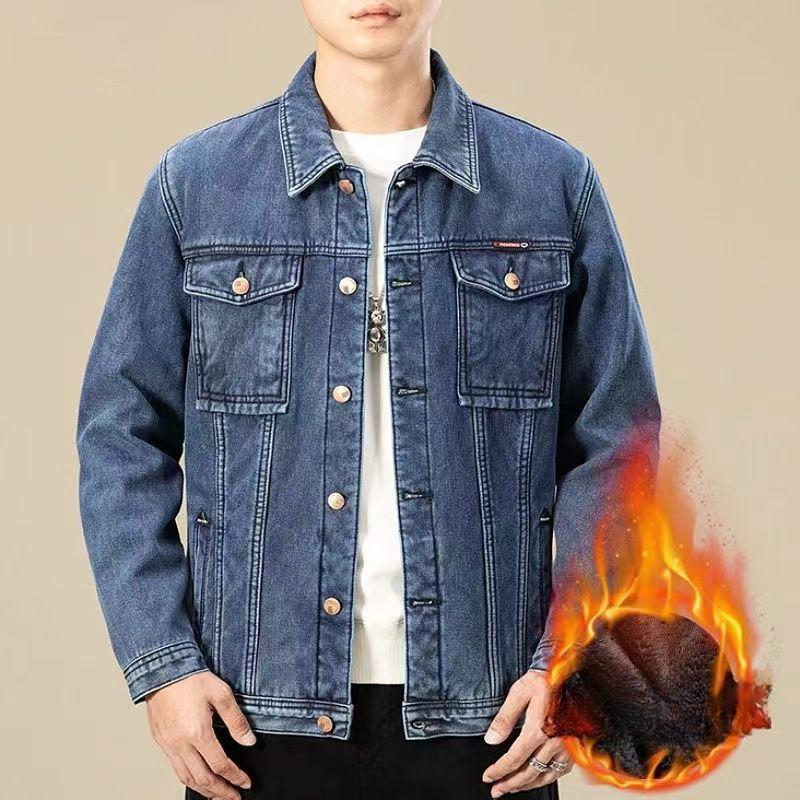 Lapel Casual Jacket Denim Jacket Men's Autumn and Winter Plus Velvet Thickening Clothes Tide Brand