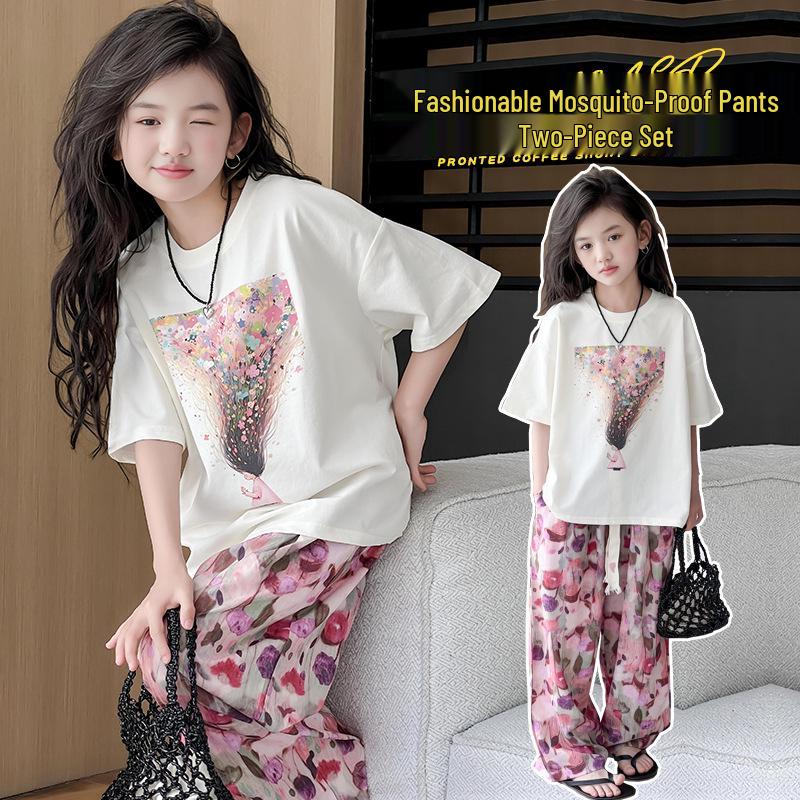 

Летний комплект в корейском стиле для девочек 2025 года: Футболка из чистого хлопка и брюки с защитой от комаров 140 cm белый