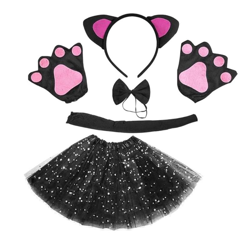 Cats Costume Set Includes Cats Tail Headband Bowtie Glove Skirt Halloween Catgirl Dress up Outfit for Kid Women Cosplay