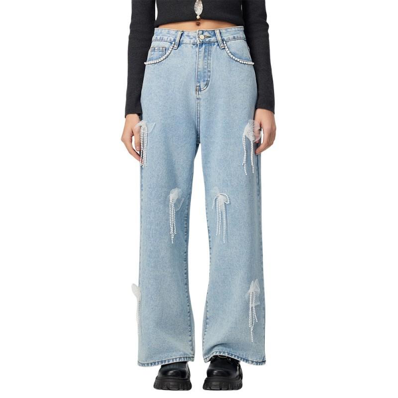 

Popular High-waist Slimming Ins Style Three-dimensional Embroidery Straight Wide-leg Jeans Women s Wear M светло-синий