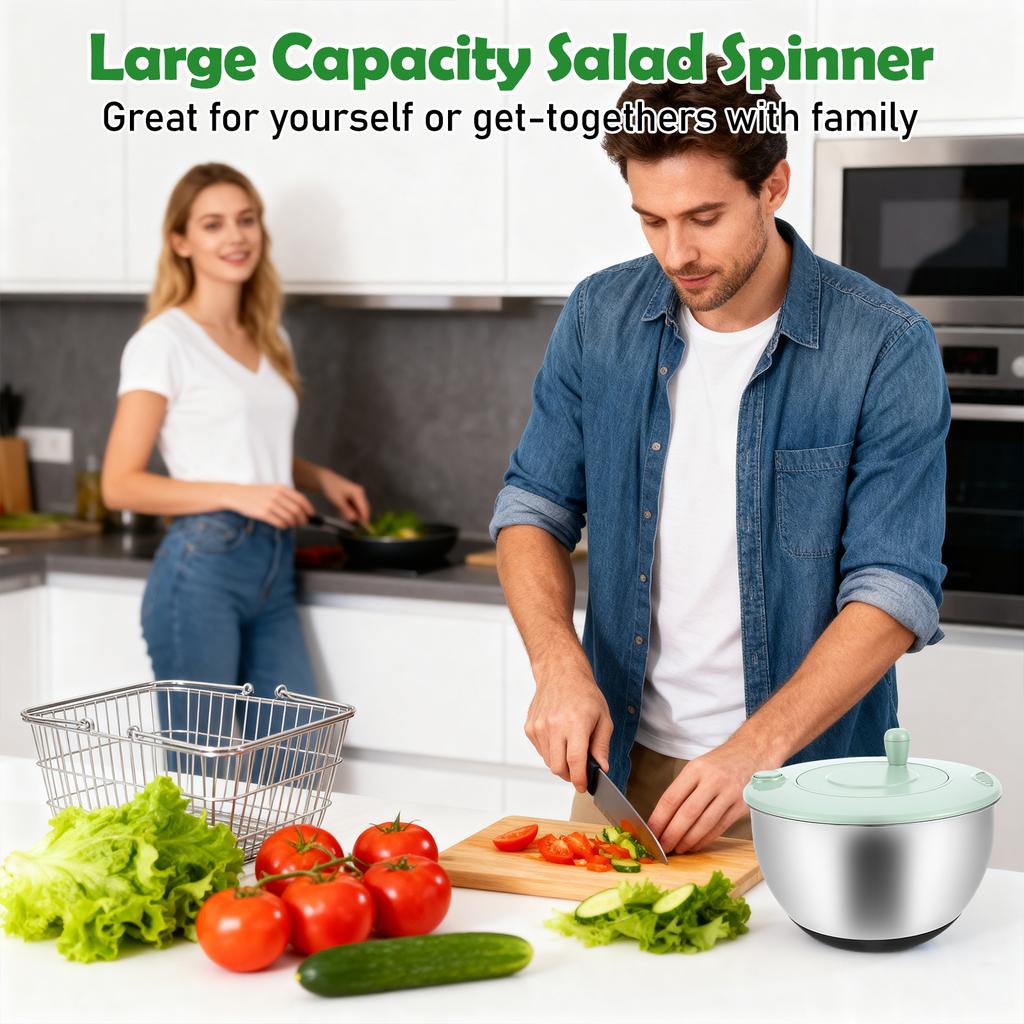 1 Pc Salad Spinner Stainless Steel/Plastic  Large Lettuce Washer Spinner with Blade Multi-functional Vegetable Dryer for Kitchen
