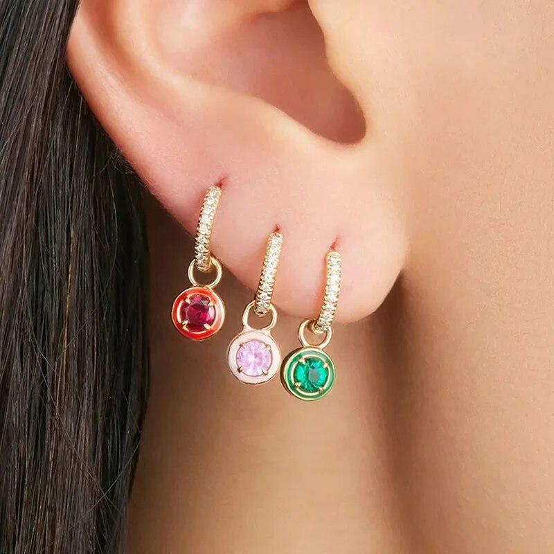 1PC Shimmering Pave Circle Colorful Round Zircon Pendant Drop Earrings For Women Girls Stainless Steel Crystal Earrings